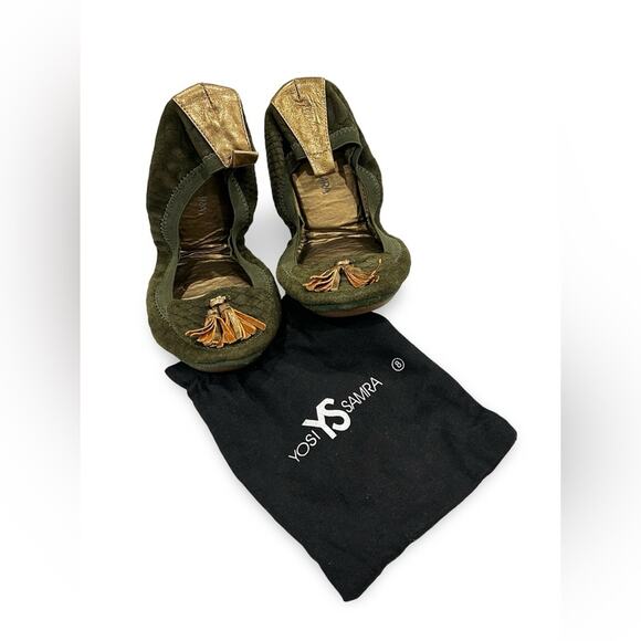 Yosi Samra Shoes - Yosi Samra Folding Loafers Flats Size 8 Olive Green Suede Snake Embossed Tassels